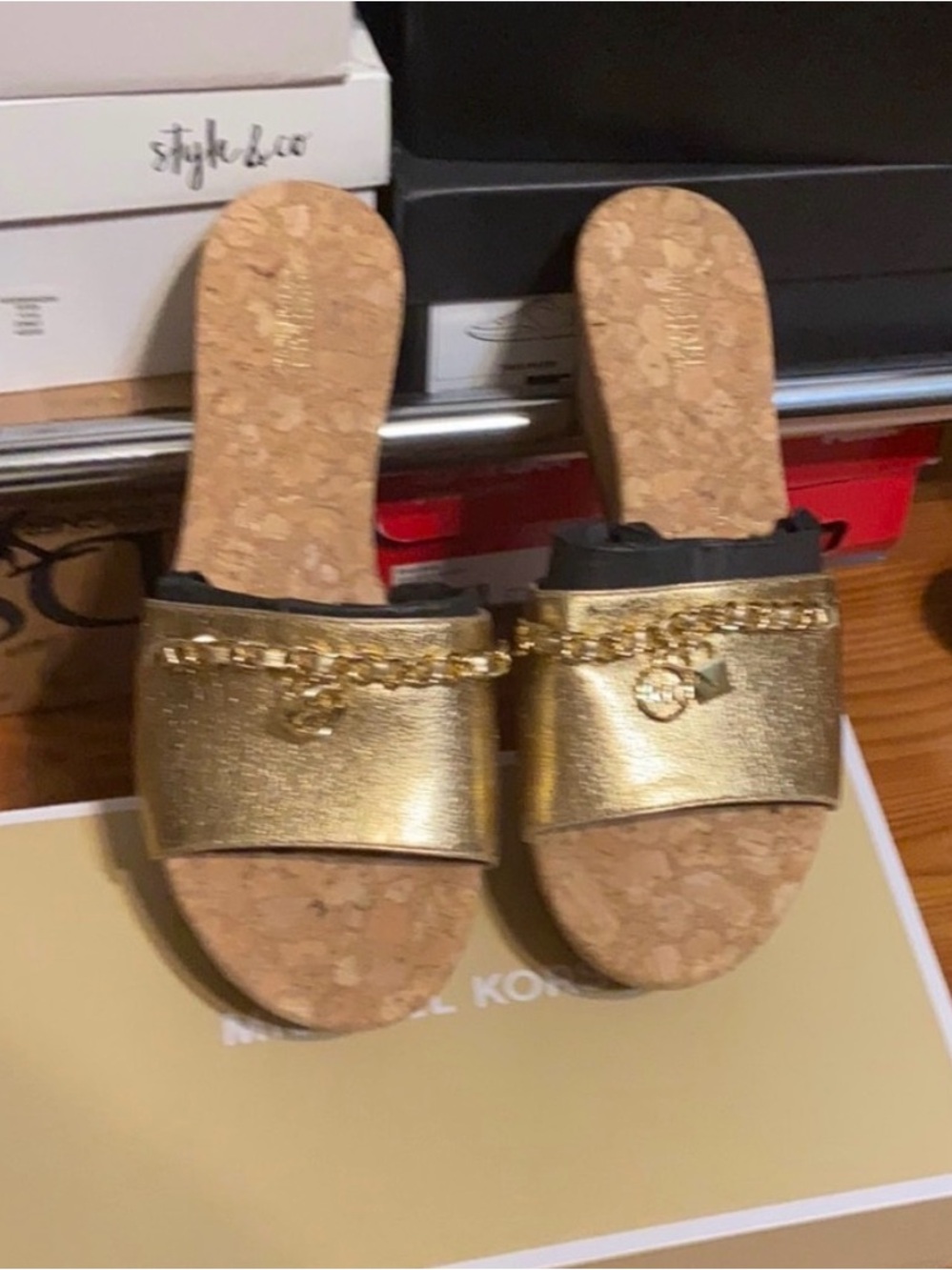 Michael Kors Gold Metallic Chain-Accent Cork Platform Mules OBO